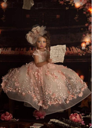 Blush Pink Pearl Beaded 3D Floral Flower Girl Dress
